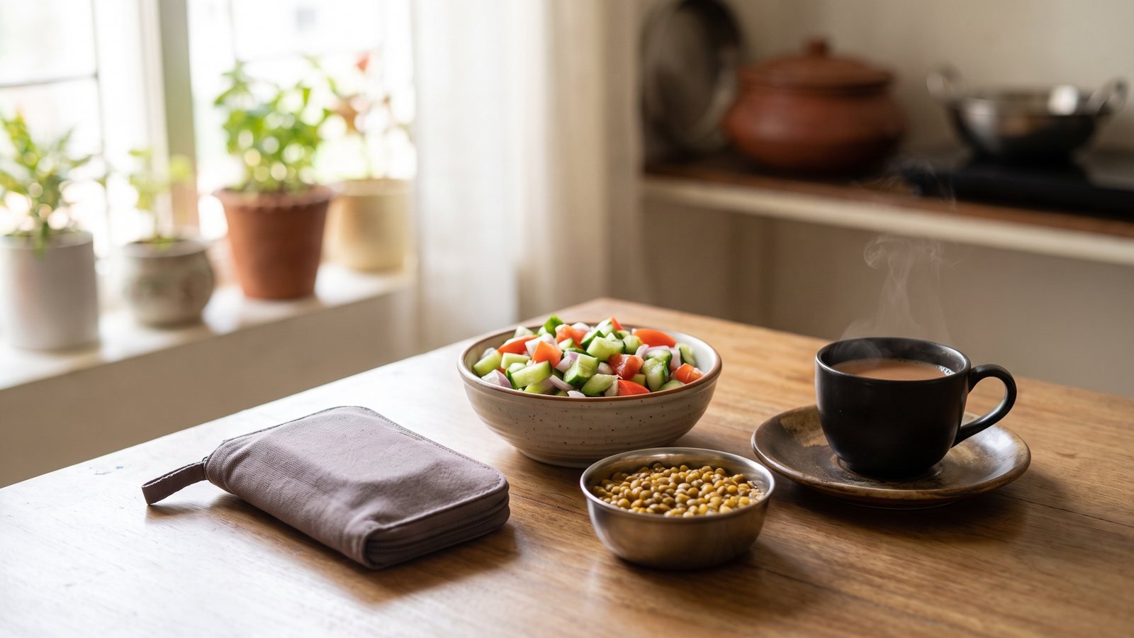 Fatty liver and diabetes - glucometer case beside salad, dal and tea without sugar