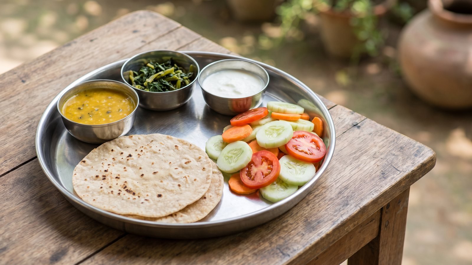 Fatty liver diet chart Indian - thali with phulka, dal, sabzi, curd and salad filling half the plate
