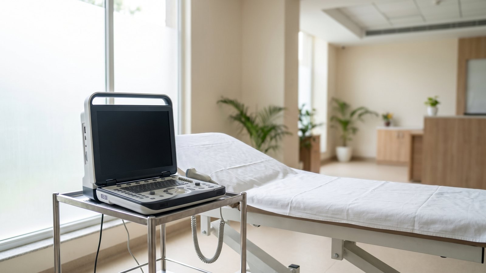 FibroScan normal range - liver elastography machine beside an examination couch in a hepatology clinic
