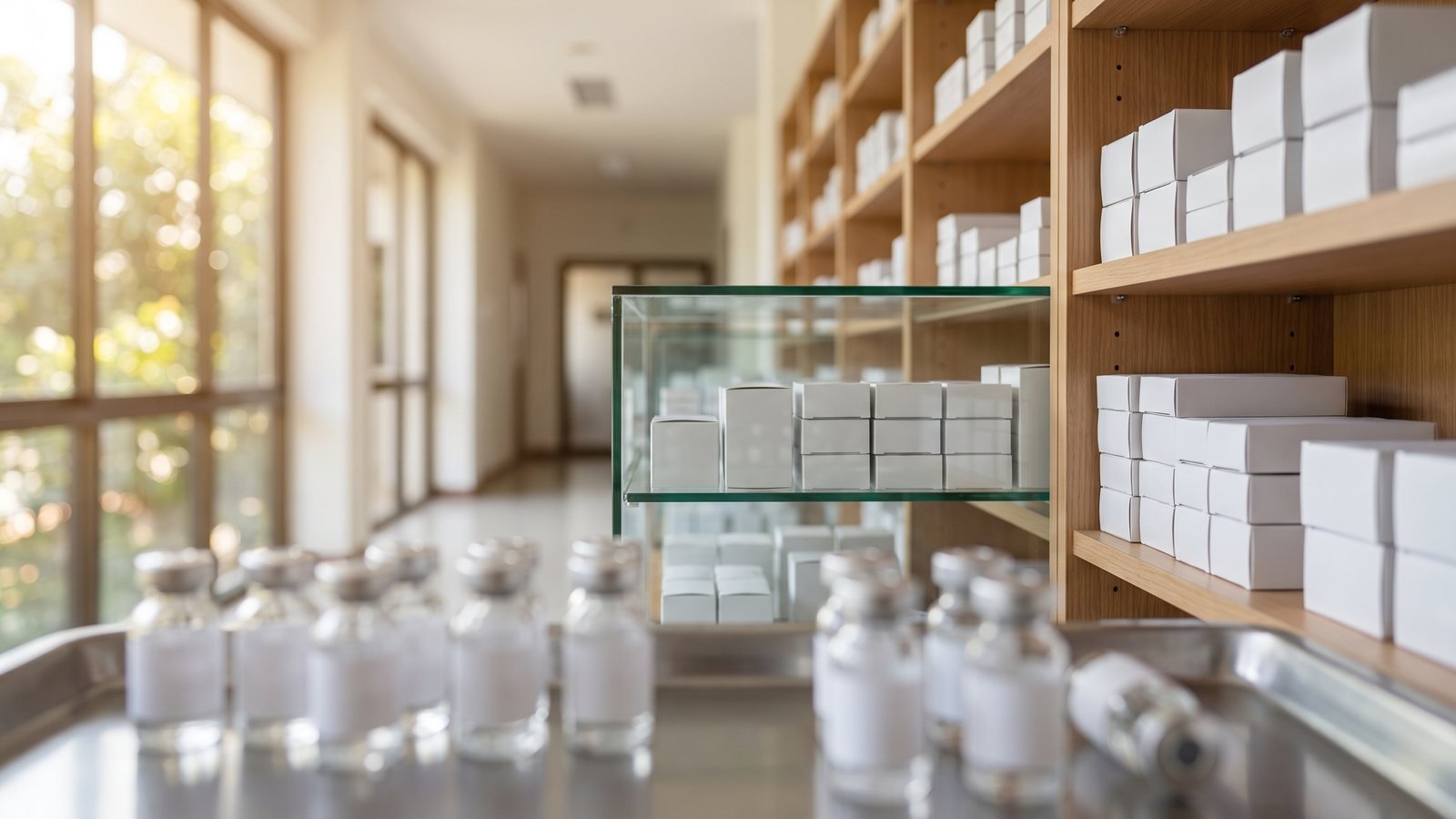 Hepatitis B treatment cost in India - hospital pharmacy counter with medicine boxes and vaccine vials