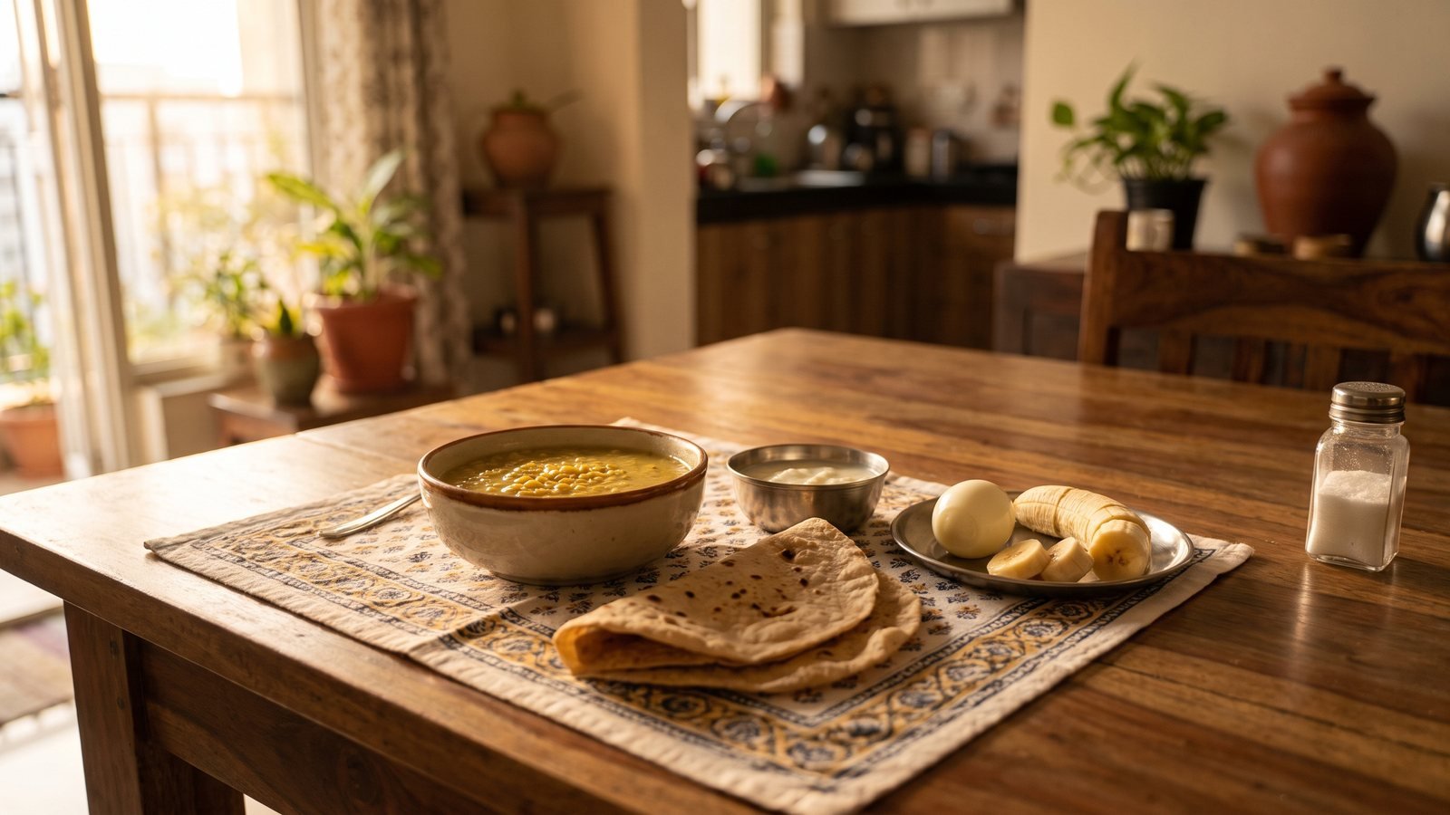 Liver cirrhosis diet chart Indian - dal, chapati, curd, egg and banana with the salt shaker pushed aside