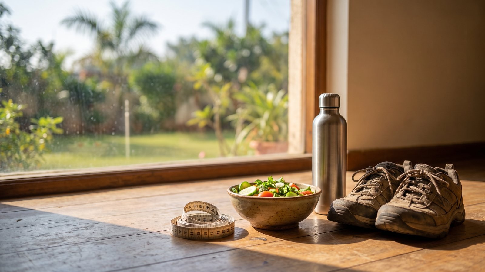 Non-surgical weight loss - measuring tape, salad, water bottle and walking shoes