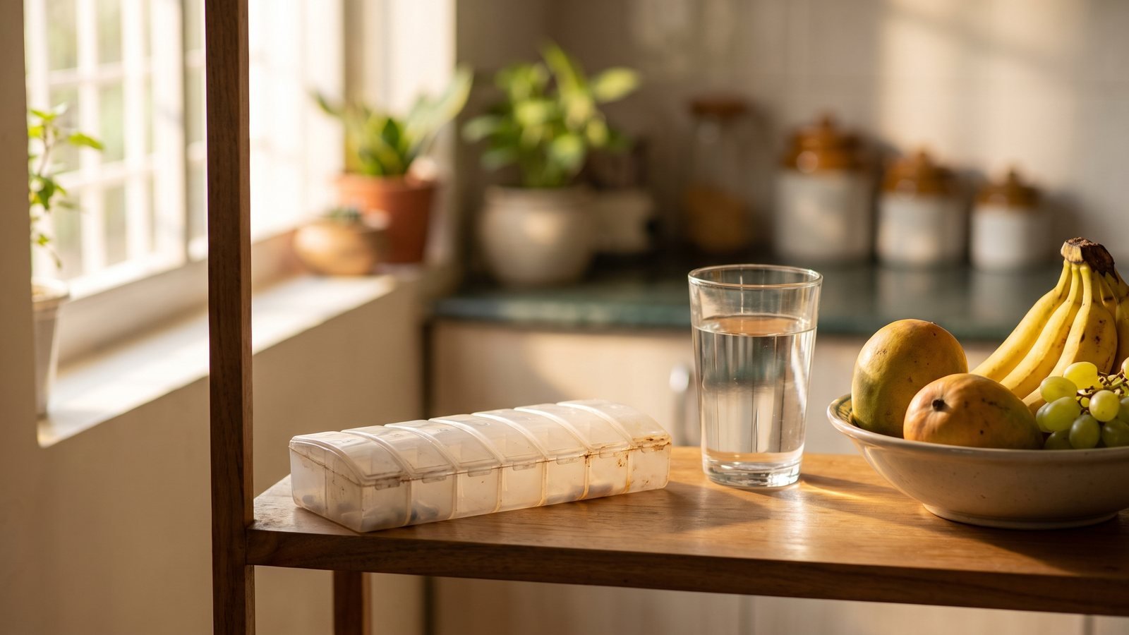 PPI long term side effects - weekly pill organiser beside a glass of water